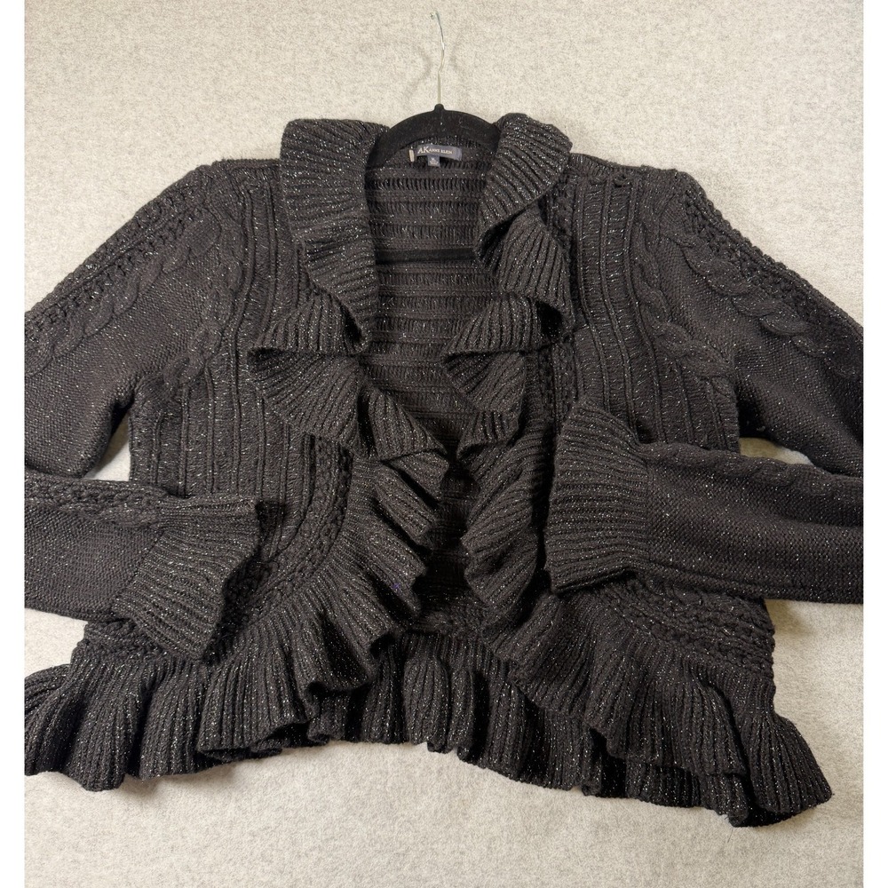 AK Womens Ruffled Goth Open Front Sweater Black Metallic XL Wool Blend SKU 241